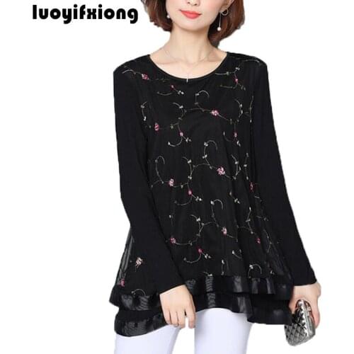 Women Blouses Shirt 2021 Fashion Chiffon Blouse Lace Flower Embroidery Shirts Long Sleeve Tops Loose Ladies Clothing Blusas 5XL
