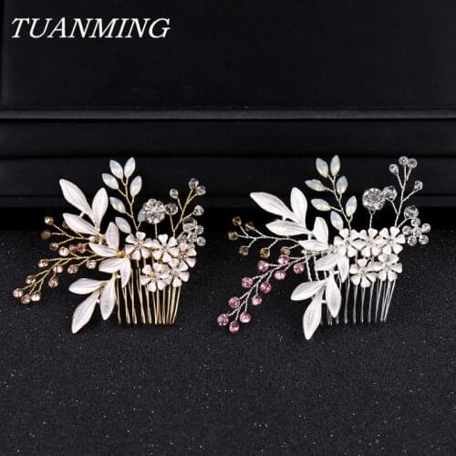 Ladies Hair Combs With Flower Bride Hair Comb Crystal Leaves Hair Ornaments Fashion Jewelry Womens Accessories Gold Jewelry