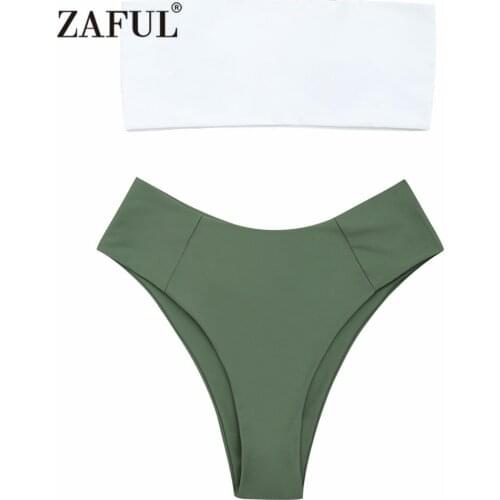 ZAFUL Bikini Two Tone High Cut Bandeau Bikini Set Womens Swimsuits Strapless High Leg Swimwear Color Block Tube Padded Biquni