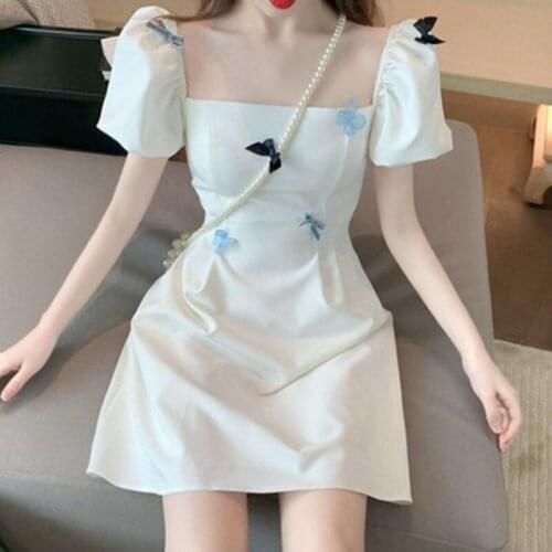 Dress Women Vintage White Popular Summer Chic Design College Girls Dresses Lovely BowHigh-Waist Elegant Ladies Holiday Wear2021