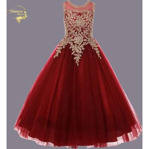 Gold Lace Little Girls Pageant Dresses Toddler Kids Ball Gown Flower Girl Dress Floor Length Tulle First Communion Gown Age 2-12