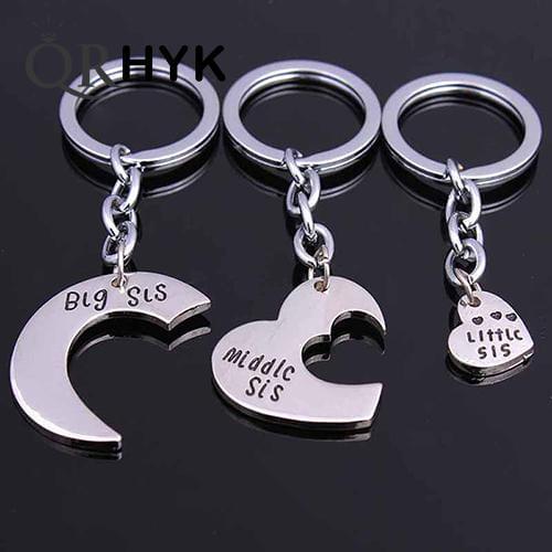 3 Pcs Heart Big Middle Little Sis Sister Key Chains Ring Fob Keyring Keychain Family Charm Women Girl Friends BFF