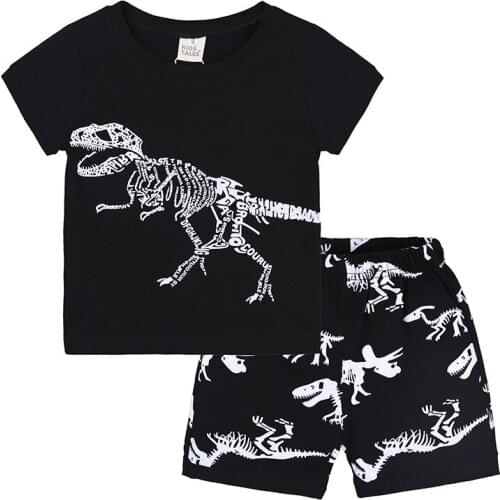 BINIDUCKLING Summer Boy Cartoon Dinosaur Print 2PCS/Set Short Sleeve T-Shirt+Shorts Cotton Clothes Set Suit For Kids Children