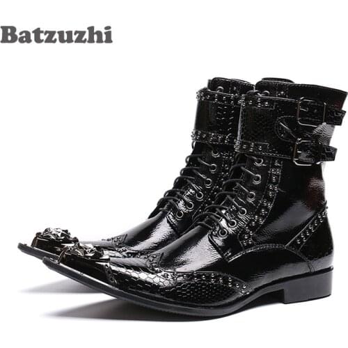 Batzuzhi Western Boots Men Pointed Metal Tip Rock Black Military Motorcycle Boots Men Botas Hombre Buckles zapatos de hombre,46