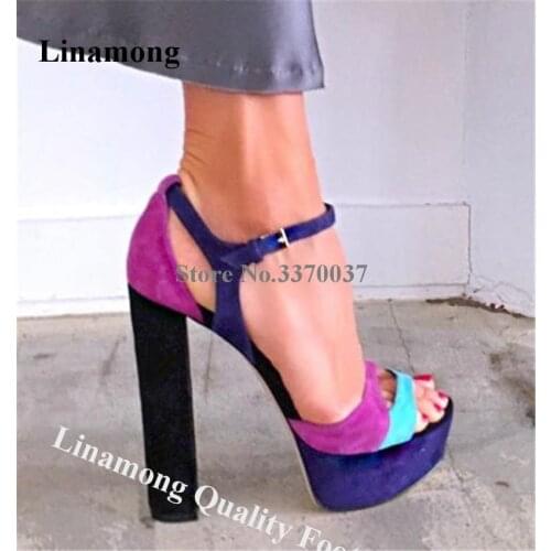Linamong Elegant Peep Toe Patchwrok Stiletto Heel High Platform Sandals Mixed-colors Chunky Heel Sandals Formal Dress Heels