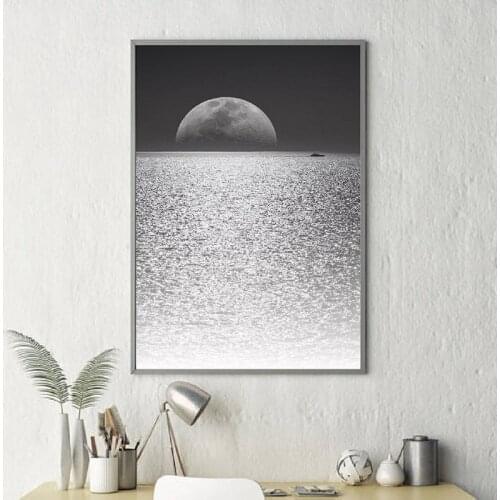 Art Canvas Painting Moon and Sea Print Scandinavian Black and White Picture Modern Nordic Design Poster Home Wall Art Decor