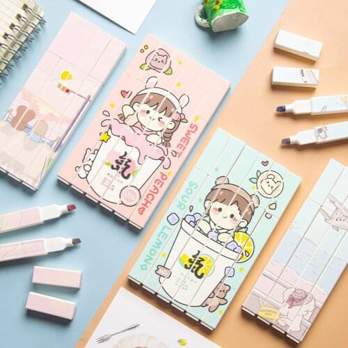 Soft tip highlighters kawaii cute stationery puzzle office supplies back to school outline marker pens for school pen set