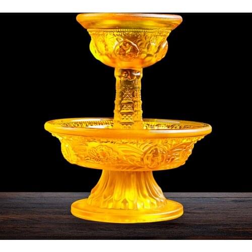 13.5cm Yellow Resin Eight Auspicious Symbol Sacrificed Cups Set, Tibetan Buddhist Putting Decorate Ornaments