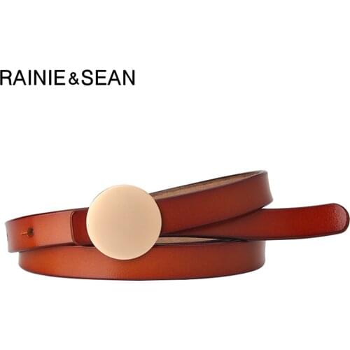 RAINIE SEAN Women Belts Genuine Leather Belts for Women Thin Solid Camel Red Black White Dress Belts for Ladies Female Strap