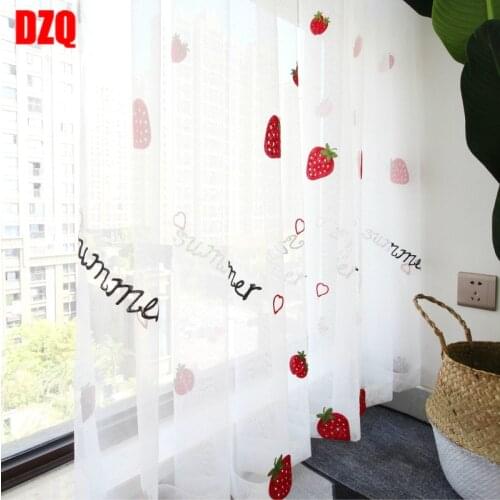 Cute Strawberry Tulle Curtains for Girl Kids Room Curtains Living Room Bedroom Window White Embroidered Sheer
