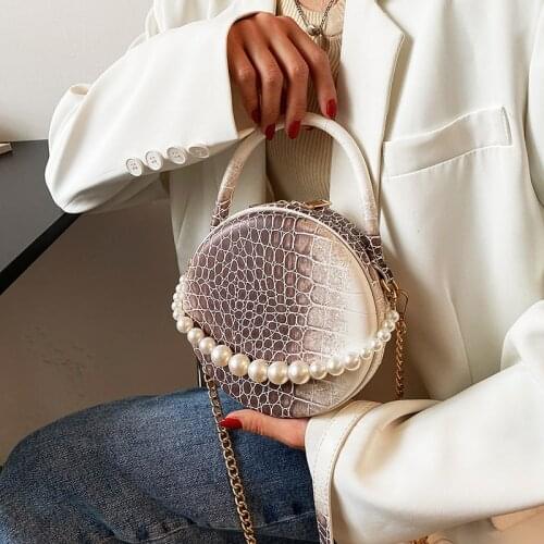 Crocodile Pattern Women Round Bag Pearl Chains Shoulder Bag Small Clutch Crossbody Bags For Women Pu Leather Tote Handbags