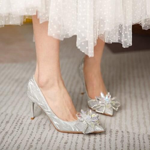 Wedding Shoes Women 2020 New Crystal Pointed-toe High-heeled Shoes Bride Silver Wedding Dress Famous Sequins Hundreds of Women