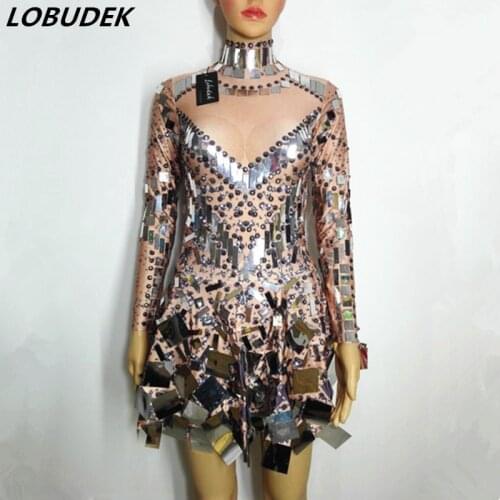 Sparkly Crystals Silver Sequins Short Dress Female Dance Team Bar Party Show Costume Flash Mirrors Mini Dress Stage One Piece