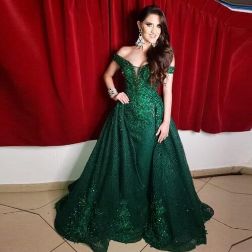 2020 Dark Green Evening Dresses With Detachable Train Off Shoulder Lace Appliqued Sequins Prom Dress Party Wear Red Carpet Gowns