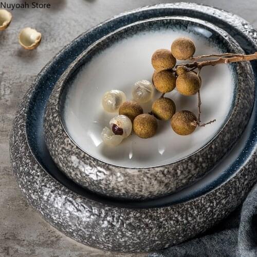 Japanese Creative Ceramic Tableware Dinner Plate Dish Plate Salad Bowl Art Tableware Oval Retro Dinner Plate Kitchen Supplies