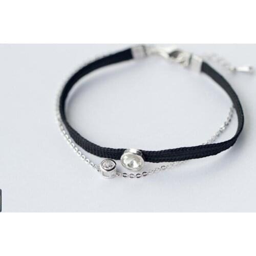 1pc 925 Sterling-Silver jewelry Delicate Rolo Chain & bLACK Cord Chain Bracelet with Round CZ Charm |Dainty Bridesmaid LS205