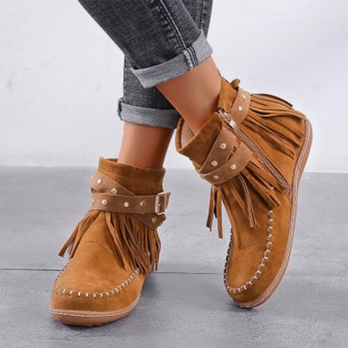 Women Vintage Ankle Boots Womens Tassel Rivet Boots Ladies Sewing Round Toe Flat Female Fashion Zip Solid Shoes Big Size cy87