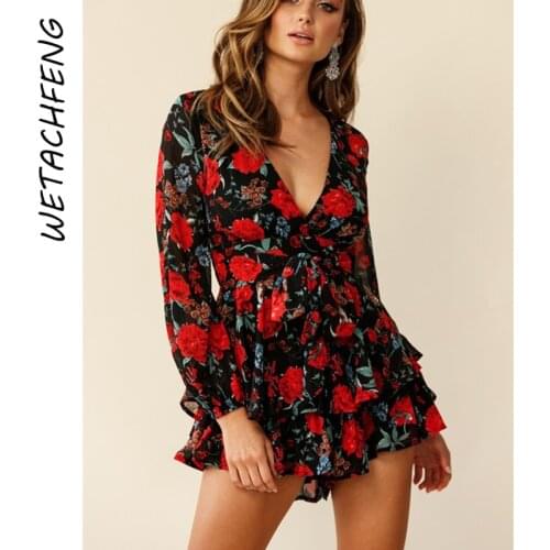 Sexy Overalls Shorts Rompers Floral Flower Print V Neck Summer Long Sleeve Ruffles Beach Dress Jumpsuits Female Fashion Playsuit