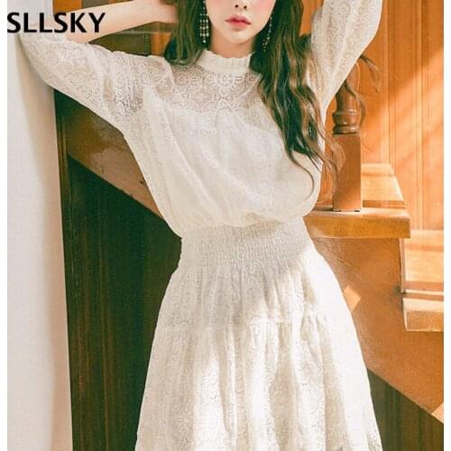 SLLSKY Hollow out Elegant Women Dress Lace Edge High Elastic Waist Solid Summer Dress With Lining Modis Femme Vestido Mujer