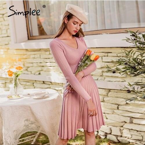 Simplee Elegant blue slim a-line women sweater dress V-neck long sleeve pleated knitted dress Office autumn mid dress 2020 new