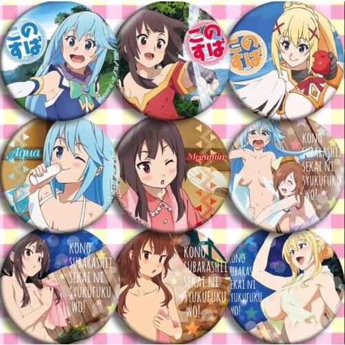 10pcs/1lot Anime Kuno Subarashii Sekai Ni Syukufuku Wo! Aqua Megumin Figure 5039 Badges Round Brooch Pin Gifts Kids Toy