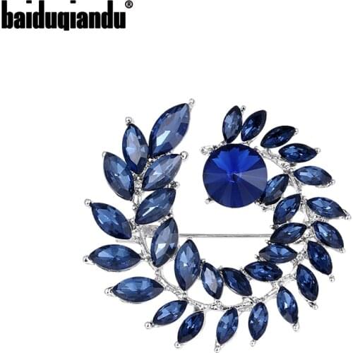 Baiduqiandu New Arrival Blue Crystal Leaf Shape Brooch Pins for Women Dress Coat Winter Accessories Jewelry
