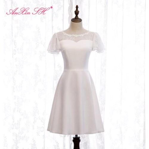 AnXin SH princess white satin and lace evening dress vintage party o neck short sleeve a line evening dress little white dress