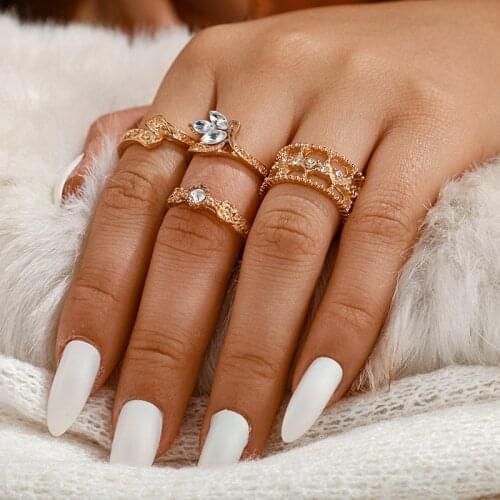 Shiny Rhinestone Finger Rings For Women Party Fashion Jewelry 4pcs/set Hollow Design Knuckle Midi Ring Set Anillos