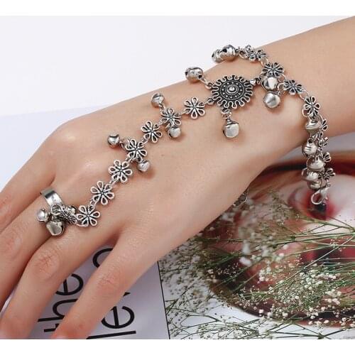 Gypsy Fashion Women Slave Hand Bracelet Antique Flower Small Bells Tassel Bracelets Chain Indian Turkish Costume Jewelry