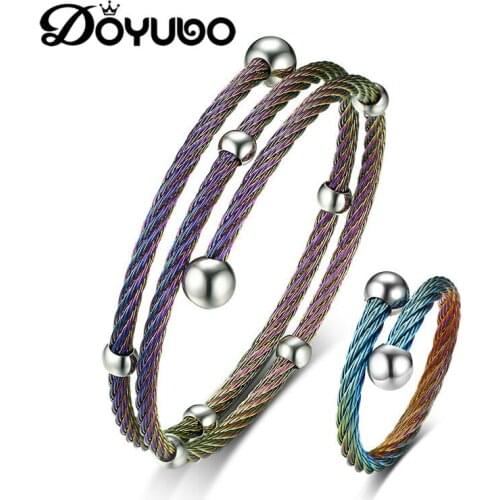 DOYUBO 2019 New Arrival Mens Stainless Steel Bangle & Ring Jewelry Sets Women Colorful Torsion Wire Bracelets & Ring Sets DD071