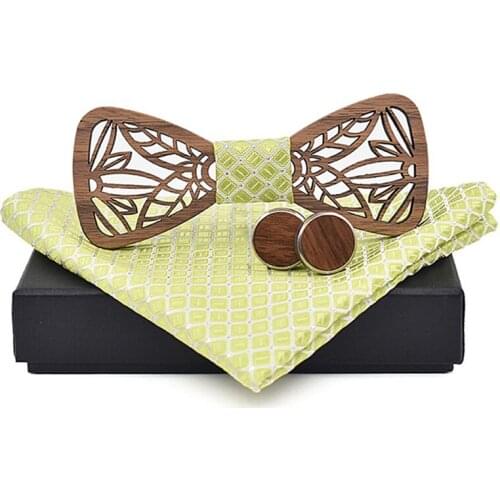 Dropshipping wood bow tie set flower engraving women walnut wooden bowtie gifts for him with cufflink kerchief