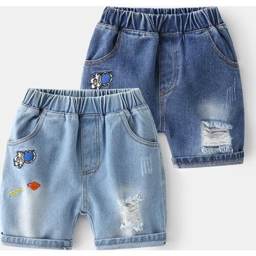 New Kids Summer Denim Shorts Baby Boys Fashion Cartoon Ripped Denim Shorts Children Casual Elastic Mid Waist Jeans Short Pants