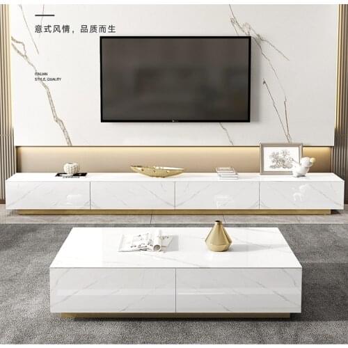 Italian White Glossy Surface Marble Rock Tea Table TV Cabinet Modern Simple Living Room Household Storage Cabinet Large Tables