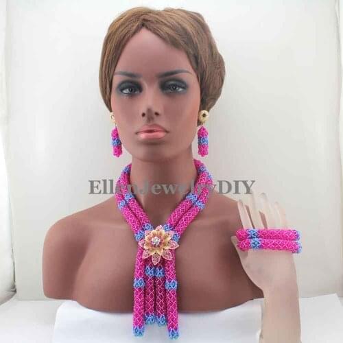 New nigerian Wedding Beads jewelry Set Costume african Beads jewelry sets Pink and Lake Blue Crystal necklace Set W13139