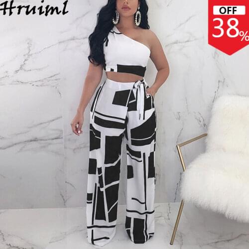 2 Piece Sets Womens Outfits One Shoulder Crop Tops Geometric Print Wide Leg Pants 2 Piece Set Women Casual Office Trouser Suits