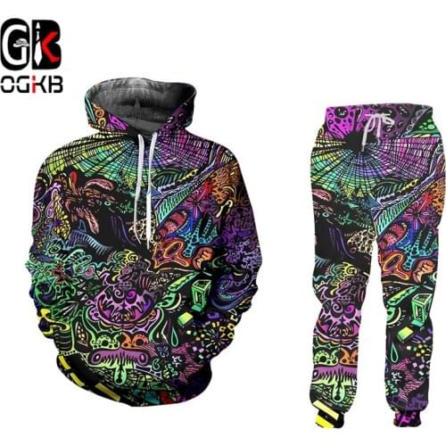 OGKB Cool 2 Pcs Sets Women Fashion Graffiti Mens Suits 3D Printed Hip Hop Casual Hoodie Street Art Streetwear Hoodies And Pants