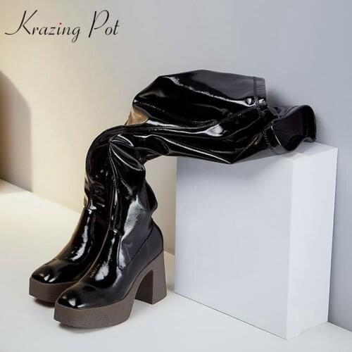 Krazing pot new patent cow leather square toe party nightclub super high heels pleated platform stretch over-the-knee boots L9f3