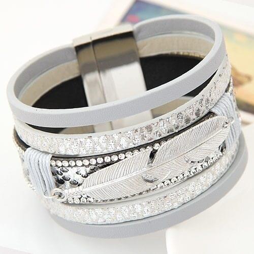 LEMOER Fashion Alloy Feather Leaves Wide Magnetic Leather bracelets & bangles Multilayer Bracelets Jewelry for Women Men Gift