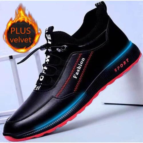 Mens Shoes Autumn and Winter Leather Round Toe Back Casual Shoes Artificial PU Sports Shoes Plus Velvet Warm Shoes