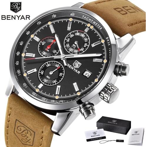 BENYAR Mens Quartz Watch 2021 Top Luxury Brand Watches Mens Business Fashion Leather Waterproof Calendar Luminous Wristwatches