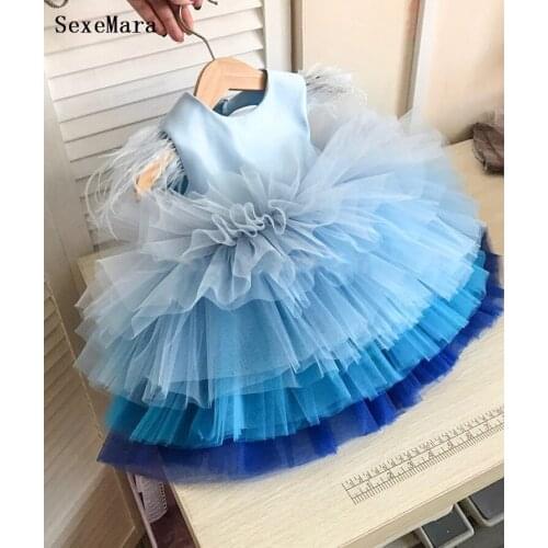 Sky Blue Baby Girls Dress Feather Princess Gown Infant 1 Year Birthday Dress Christmas Party Dress Newborn Girl Clothes