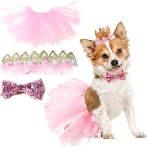 3Pcs/Set Pet Clothes Dog Wedding Dress Puppy Birthday Party Supplies Tutu Skirt Bowtie Crown Hat Pet Lovely Apparel Costume C42