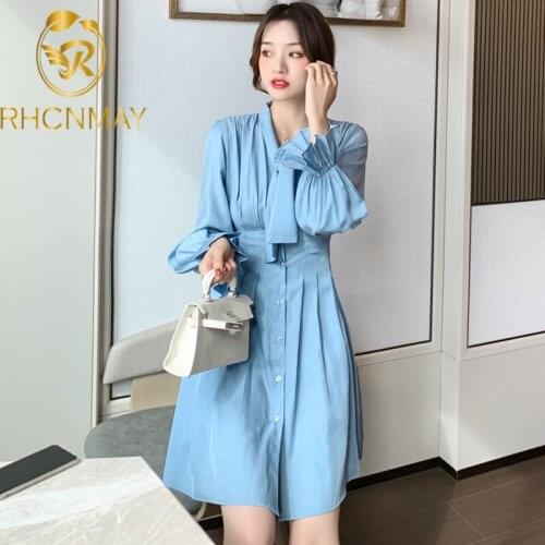 Solid color Pleated Shirt Dress Women Flare Sleeve Elegant Office Dress spring and autumn Slim Tunic Casual Dress 2021 New
