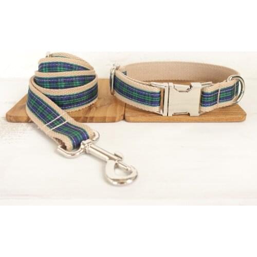 Katu Pet Luxury Designer Dog Collars Personalized ID Green Plaid Patterns Pet Collar and Leash Set Quick Release Walking Leads