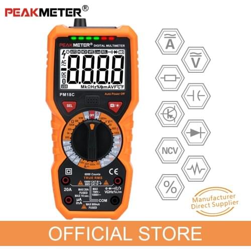 PEAKMETER Digital Multimeter PM18C with True RMS AC/DC Voltage Resistance Capacitance Frequency Temperature NCV Tester meter