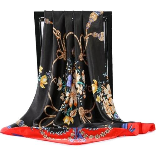 Fashion Square Silk Scarf Women Luxury Brand Satin Hijab Scarfs Foulard Head Scarves For Ladeis Muslim Shawls Bandana 90x90cm