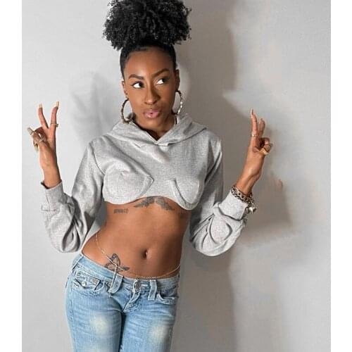 Harajuku Casual Fashion Streetwear Womens Solid Tops Summer 2021 Hooded Long Sleeve Crop Tops Female Sexy Hoodies Sweatshirt