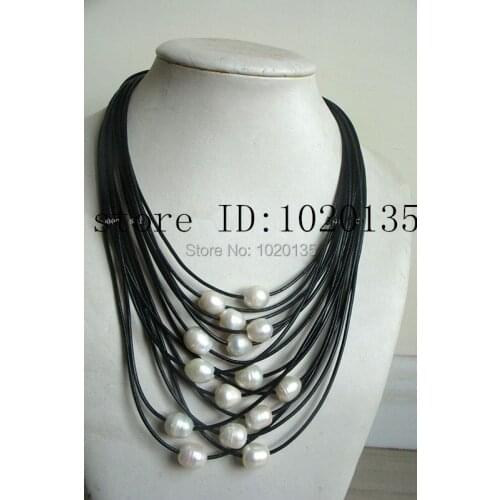 WOW! 15rows freshwater pearl white 9-13mm egg & black line 17-24" necklace nature beads white color FPPJ