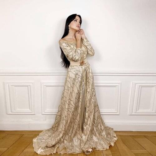 Champagne Moroccan Caftan Evening Dress A-Line Floor Length Prom Gown With Applique Pearls Special Occasion Dubai Formal Dresses