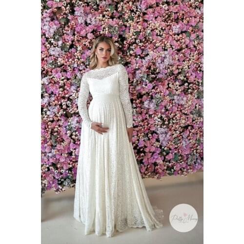 Vintage Maternity Shoot Prom Dresses Scoop Neck Long Sleeves Robe De Soiree Lace Satin Evening Formal Dress Custom Made Bathrobe